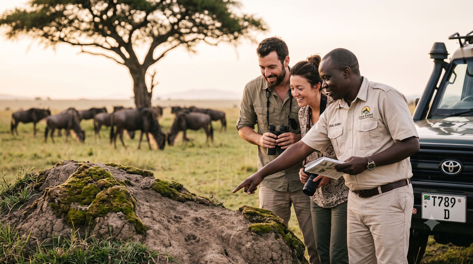 Tembo Trails Safaris guide pointing out wildlife tracks to guests
