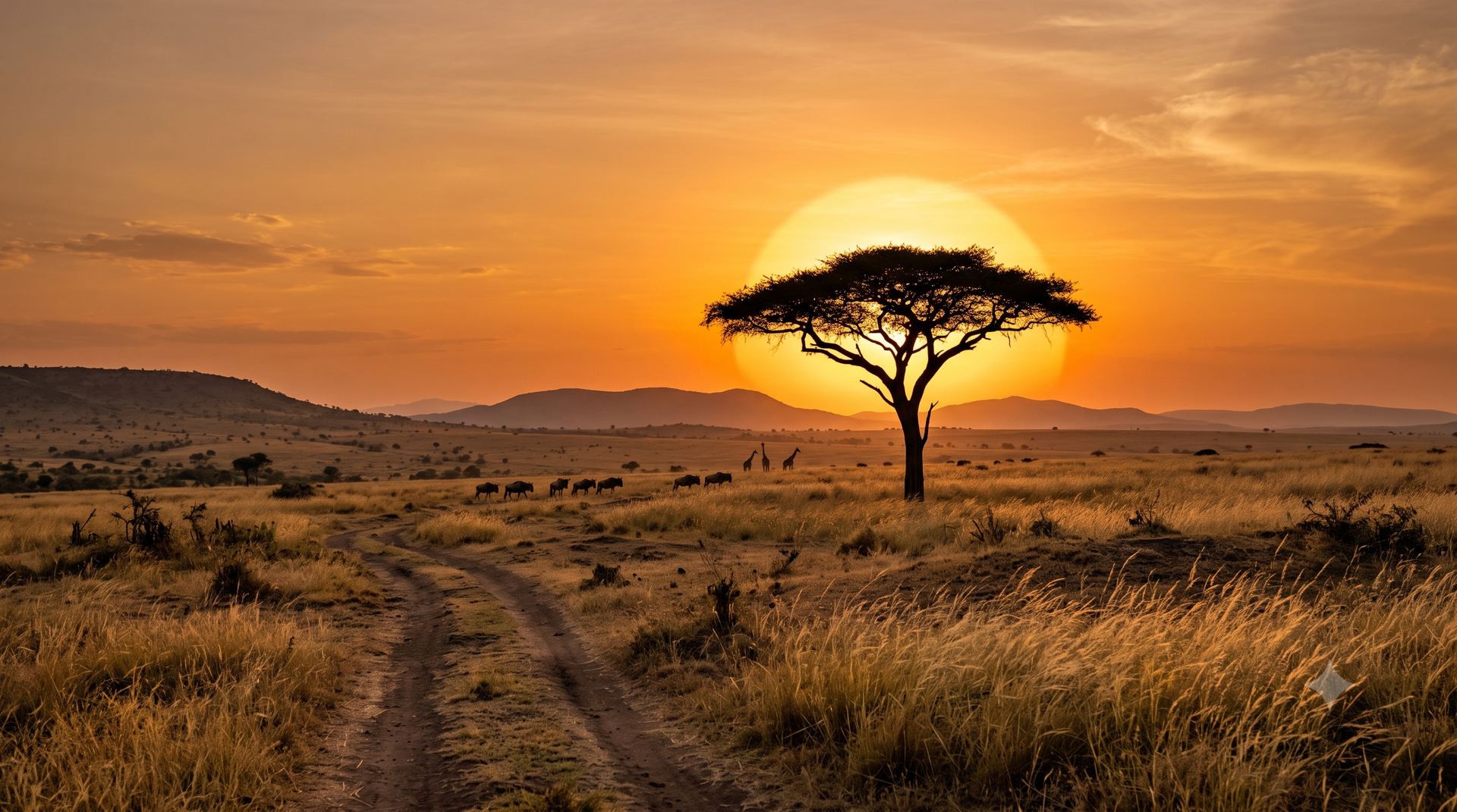 Sunset over the Tanzania savanna with acacia tree and wildlife