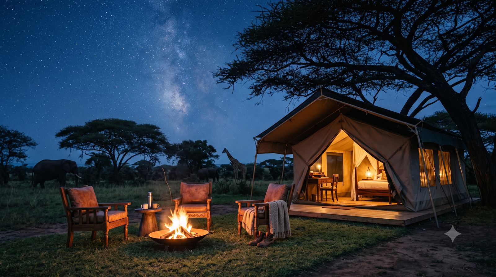 Safari camp at night under the stars
