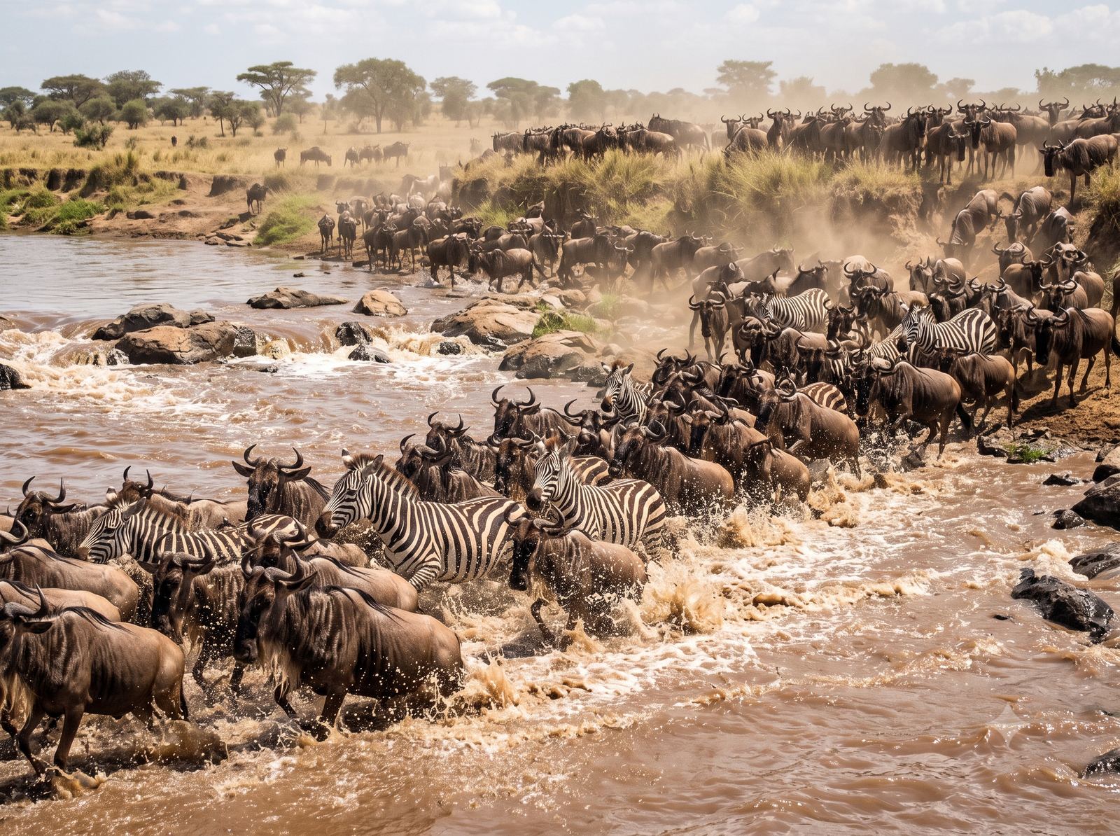 Wildebeest and zebra crossing a river in the Serengeti during the Great Migration
