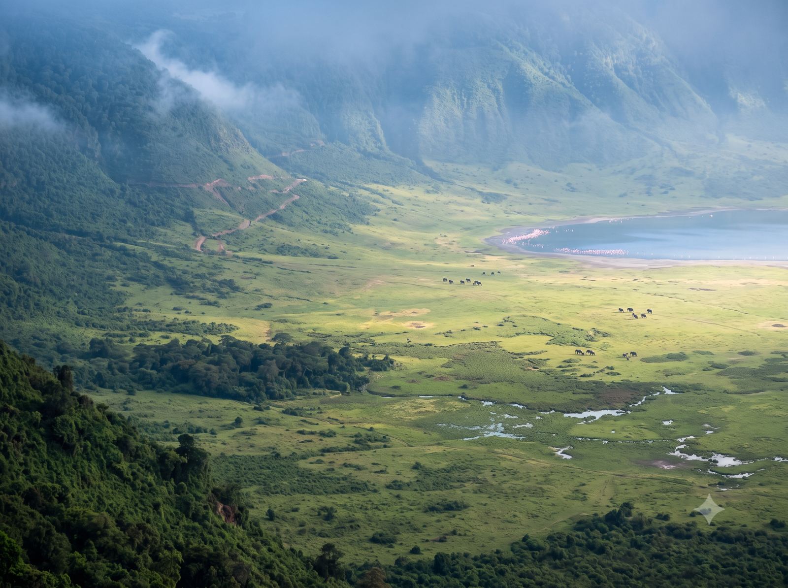 Aerial view of the Ngorongoro Crater floor with flamingos on the crater lake
