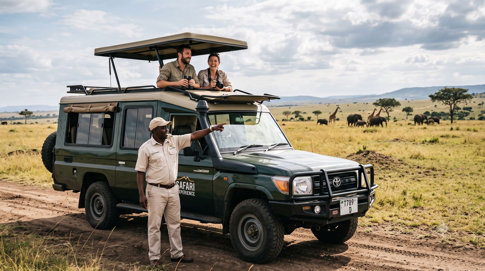 Guide and guests on a game drive