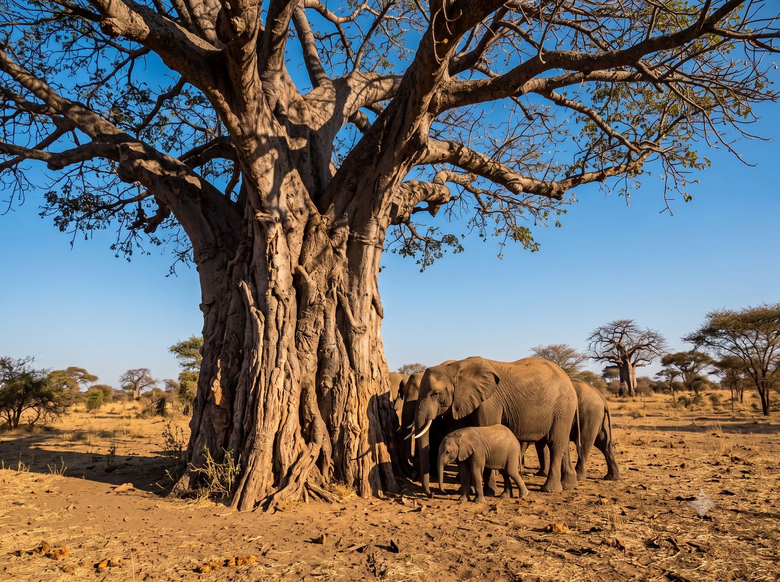 Elephant family beneath a giant baobab tree in Tarangire National Park