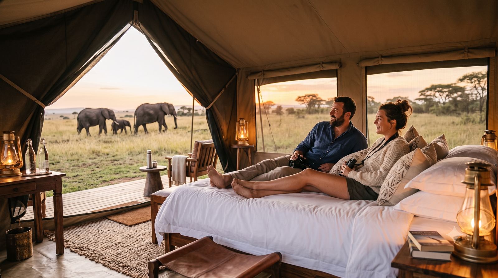 Luxury tented camp overlooking wildlife at sunset